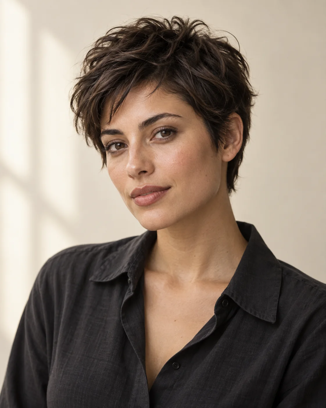 Editorial portrait with a short textured haircut